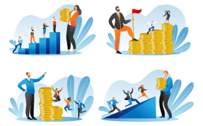 Financial support, money investment set of isolated on white vector illustration. Businessman gives people gold coins financing. Receiving money. Transfer of cash. Giving coin. Finance, donations.